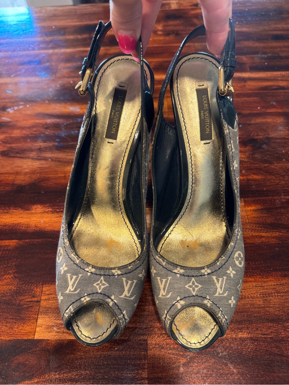 Louis Vuitton Gray Monogram Peep-Toe Slingback Heels - Picture 5 of 7